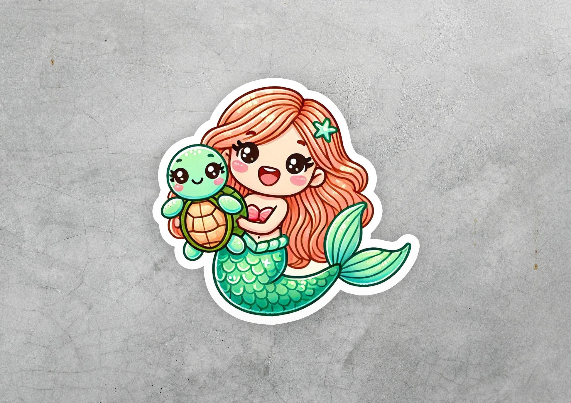 a sticker of a mermaid holding a turtle