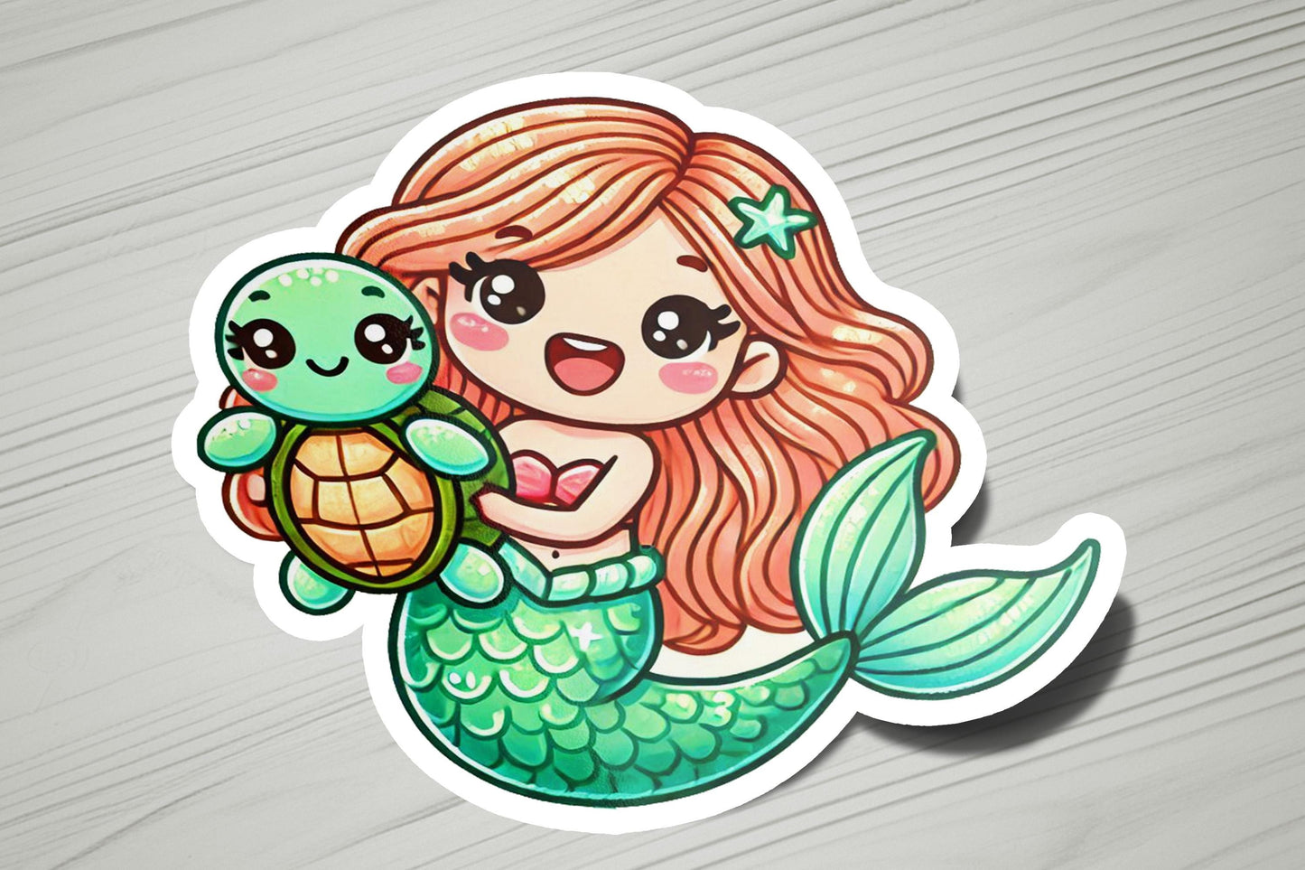 a sticker of a mermaid holding a turtle