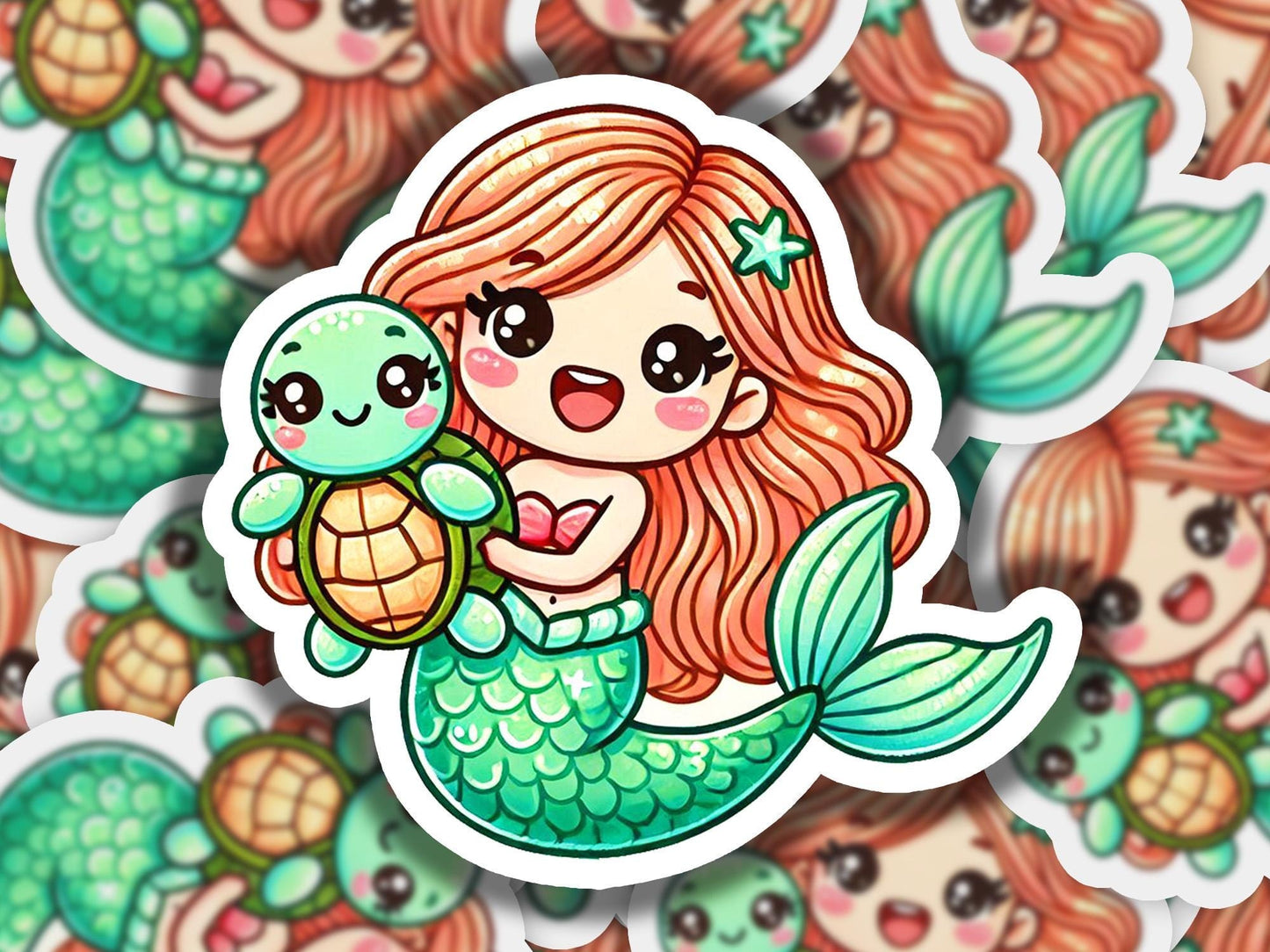 a sticker of a mermaid holding a turtle