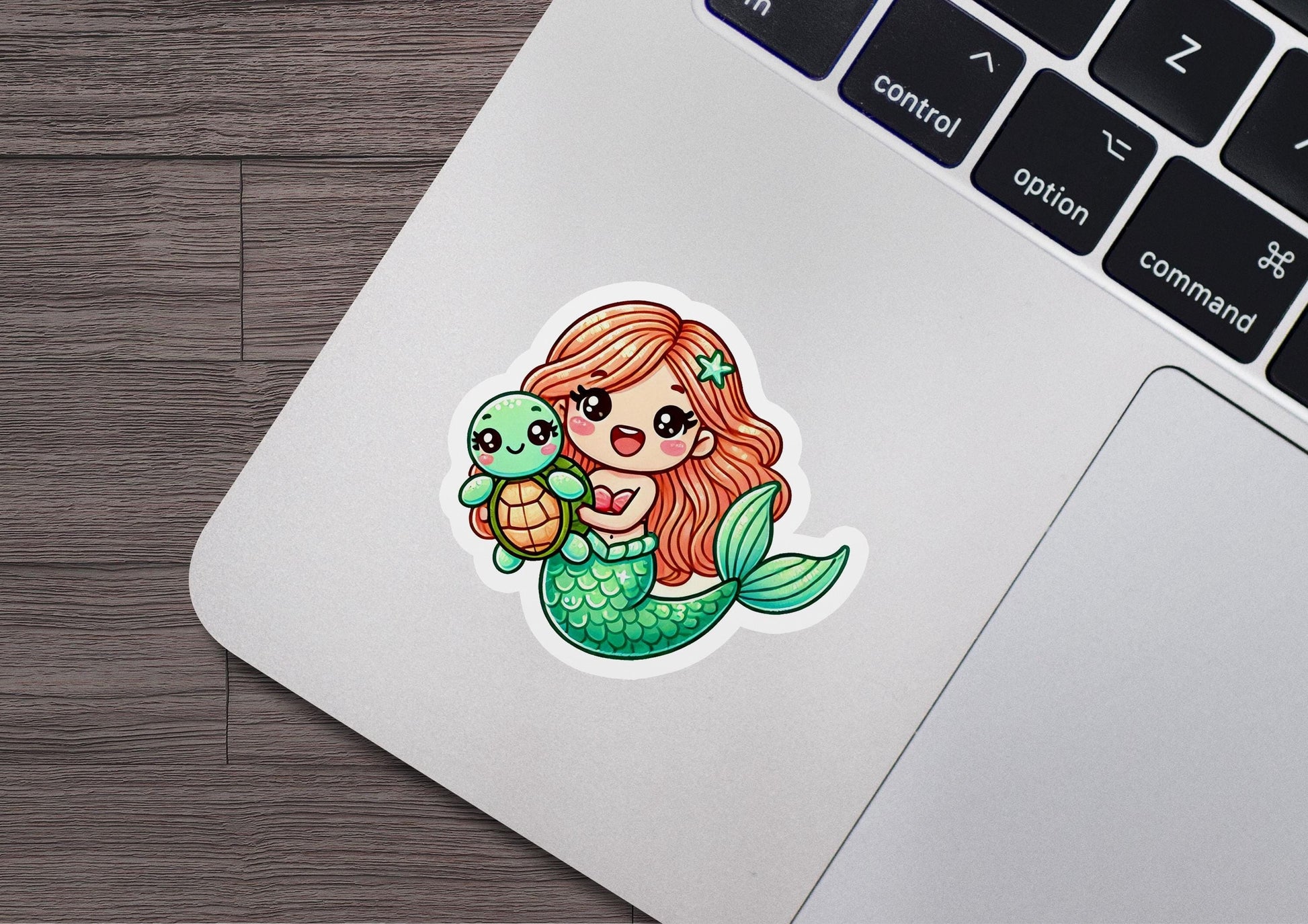 a laptop with a sticker of a mermaid holding a turtle