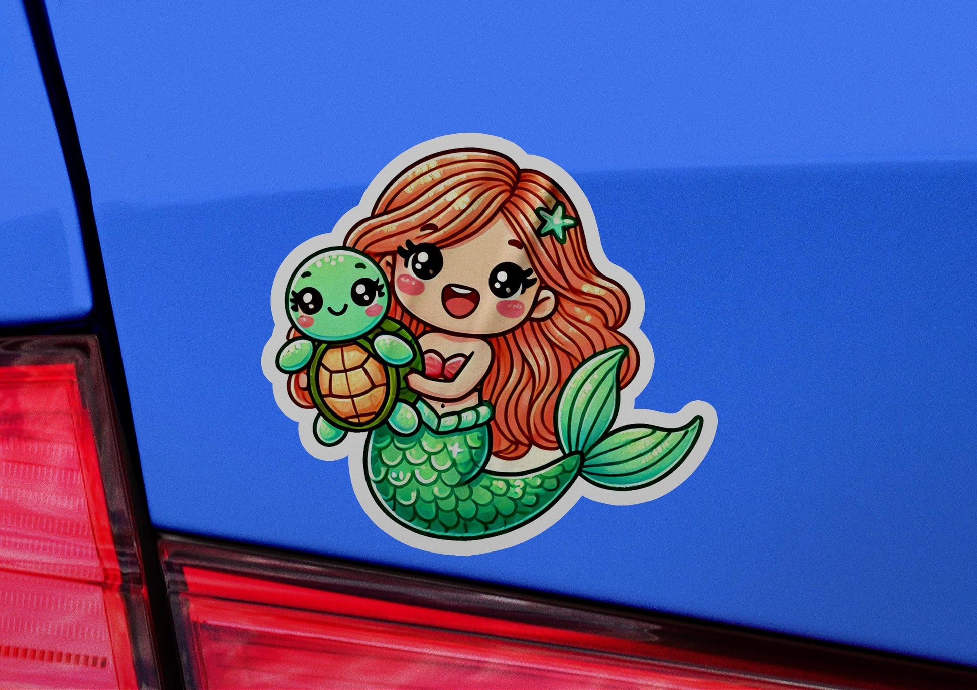 a sticker of a mermaid holding a turtle