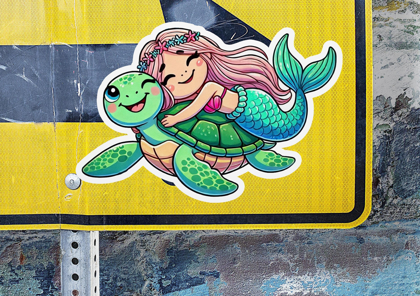 a sticker of a mermaid riding a turtle