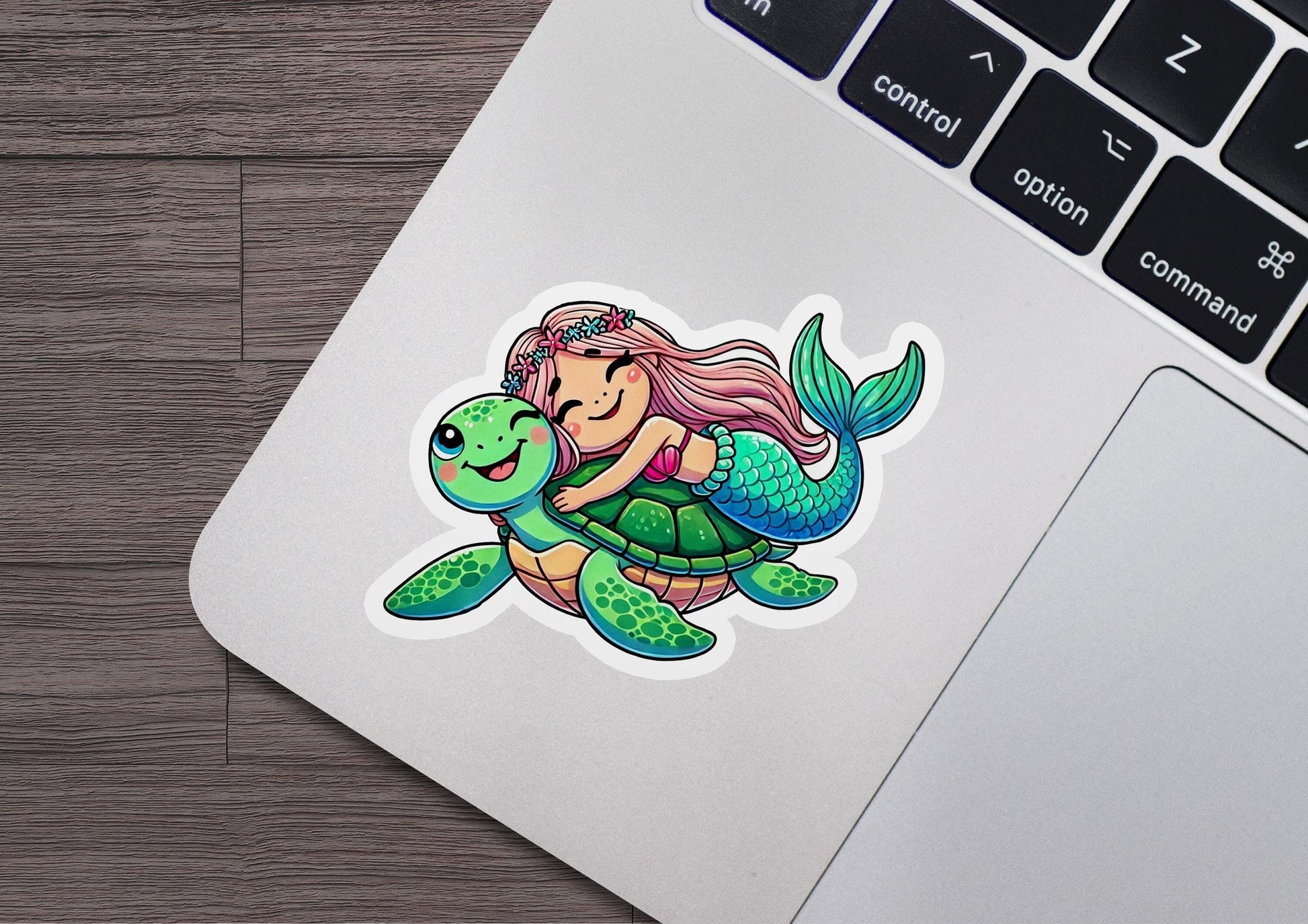a laptop with a sticker of a mermaid hugging a turtle