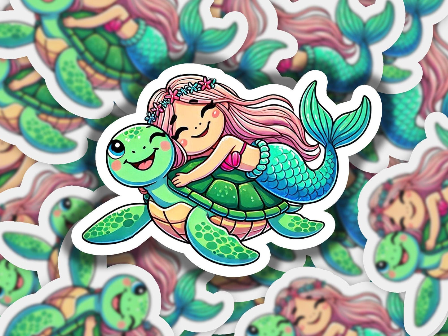a sticker of a mermaid riding a turtle