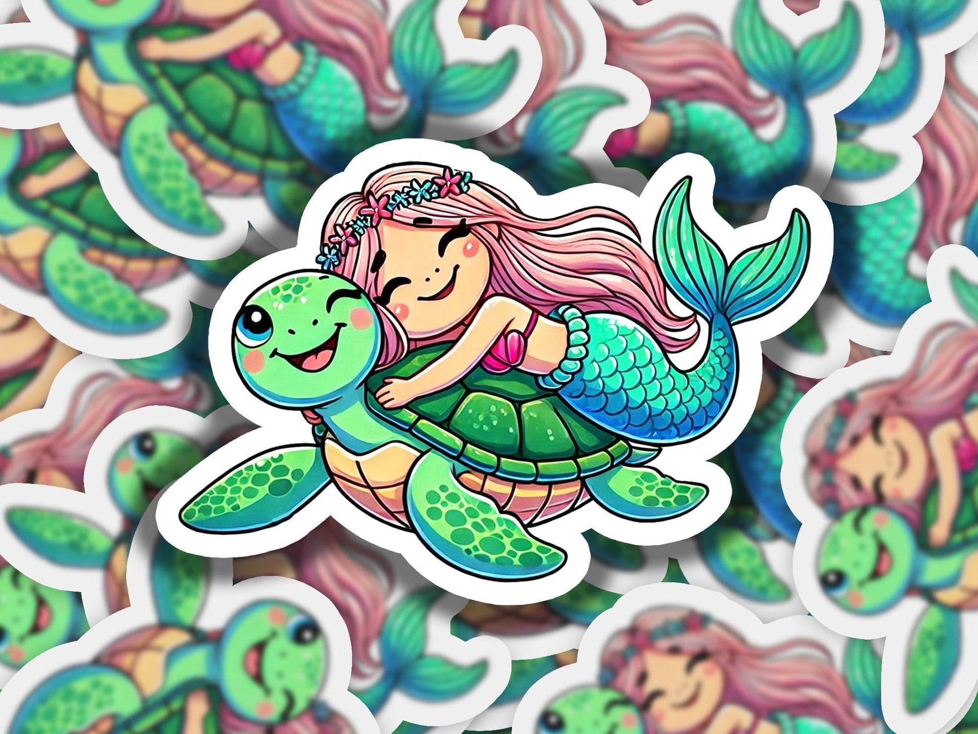 a sticker of a mermaid riding a turtle