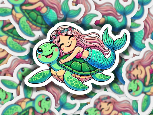 a sticker of a mermaid riding a turtle