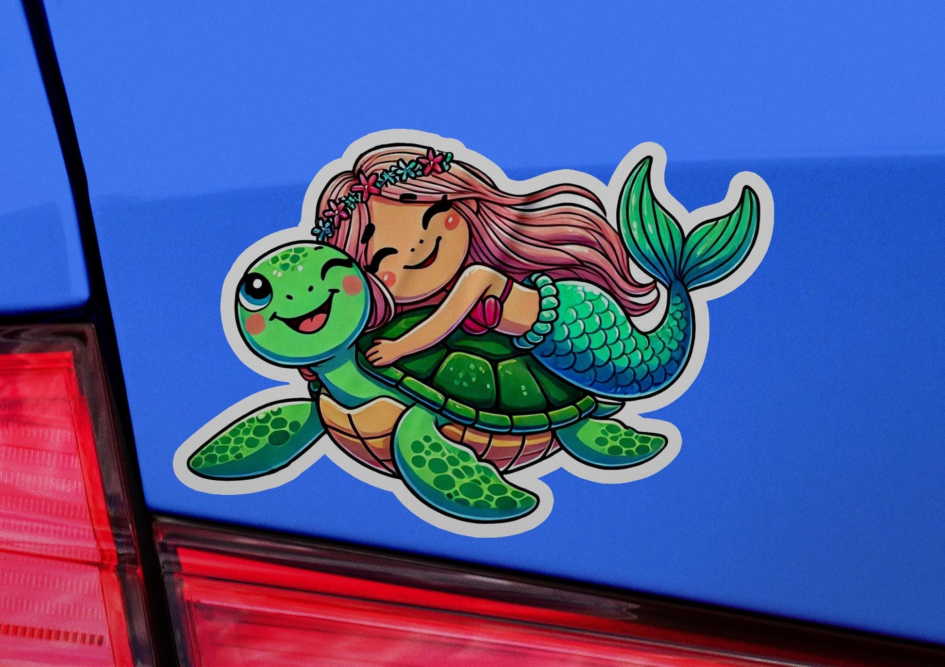a sticker of a mermaid riding a turtle