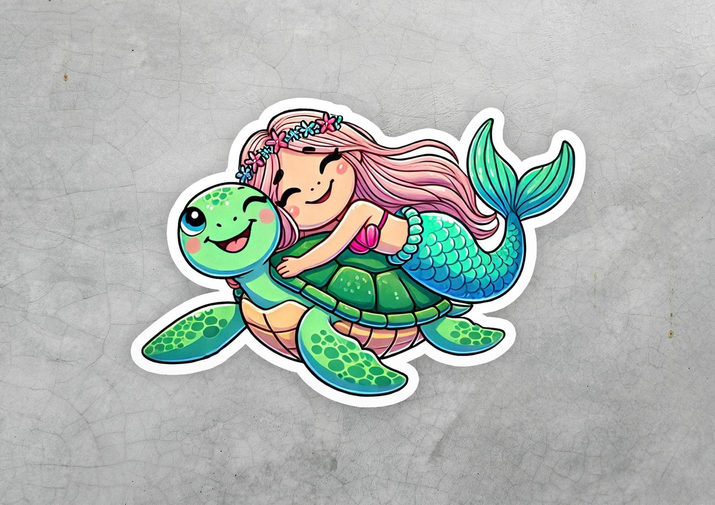 a sticker of a mermaid hugging a turtle