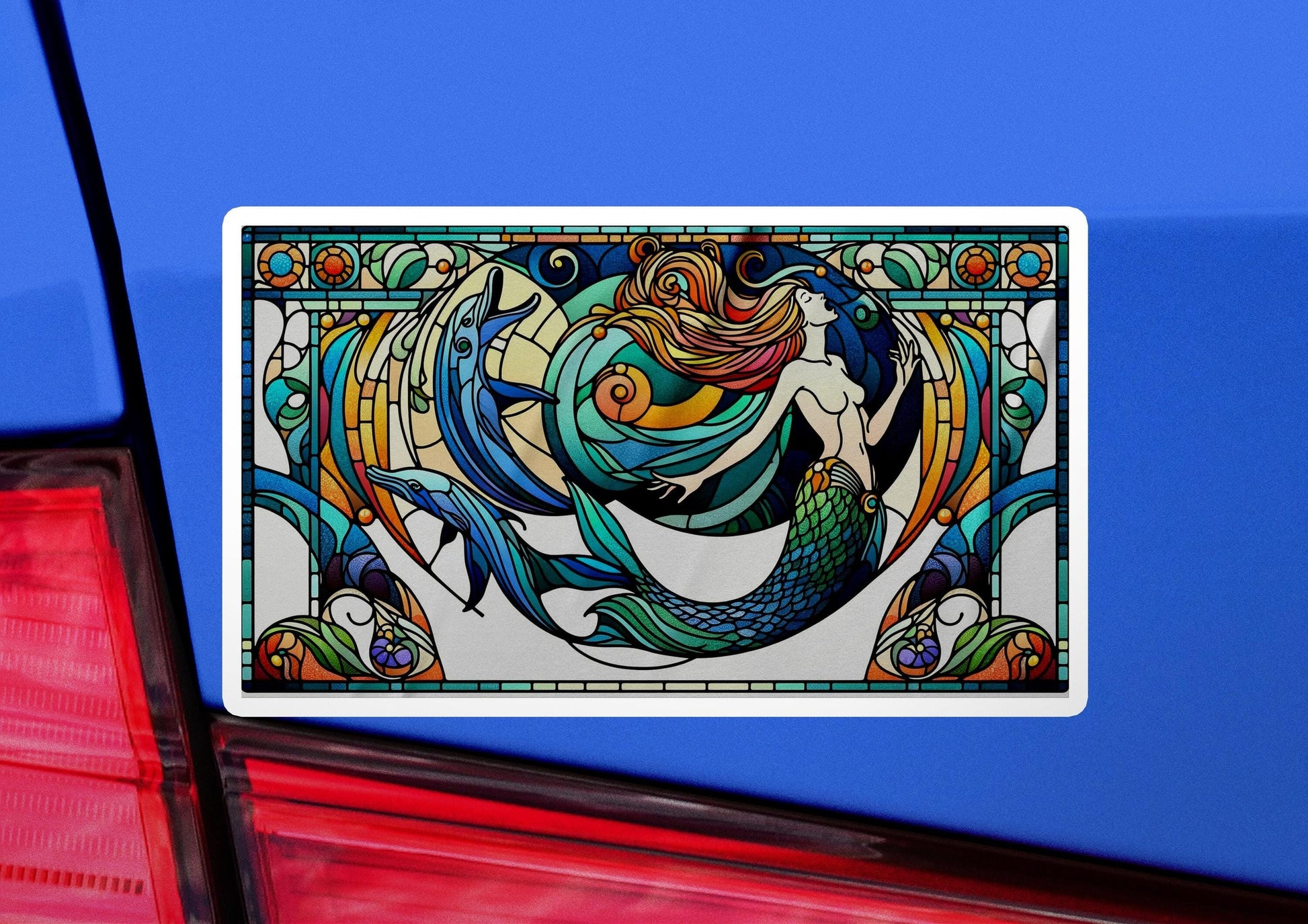 a sticker of a fish on the back of a car
