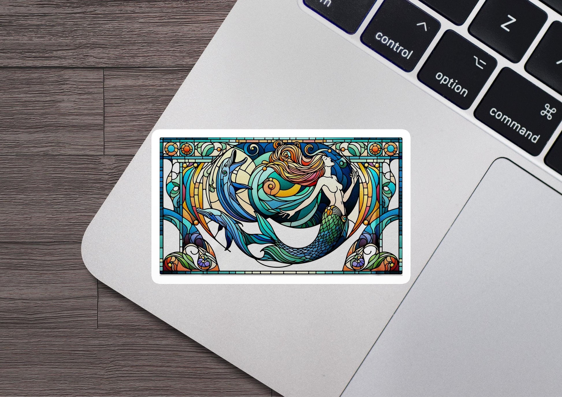 a laptop with a sticker of a fish on it