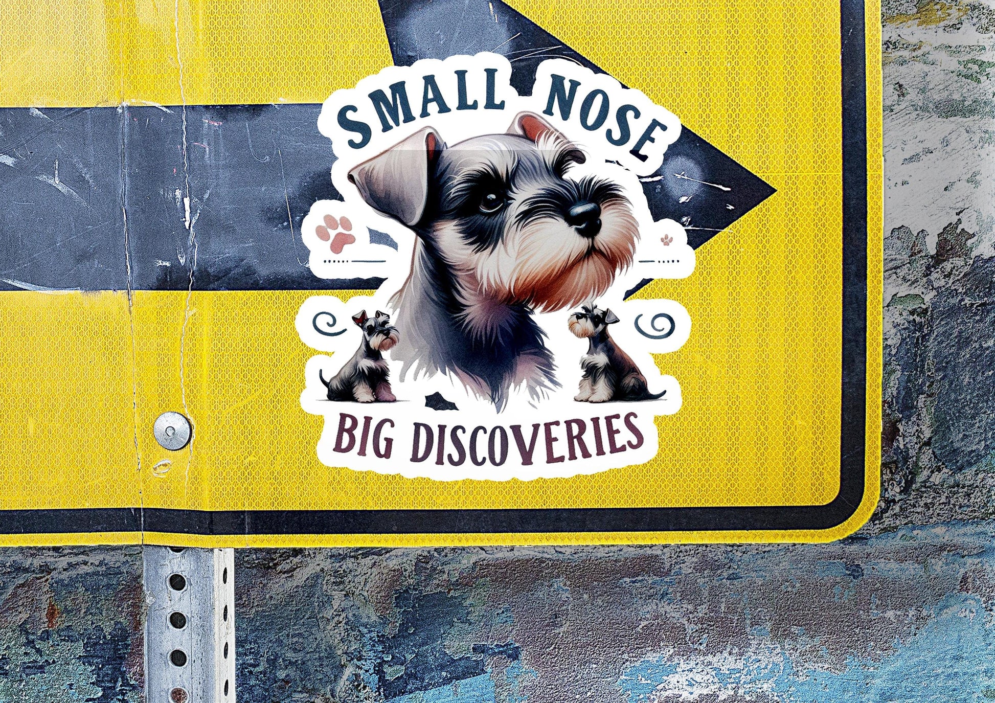 a sticker of a dog on a yellow sign