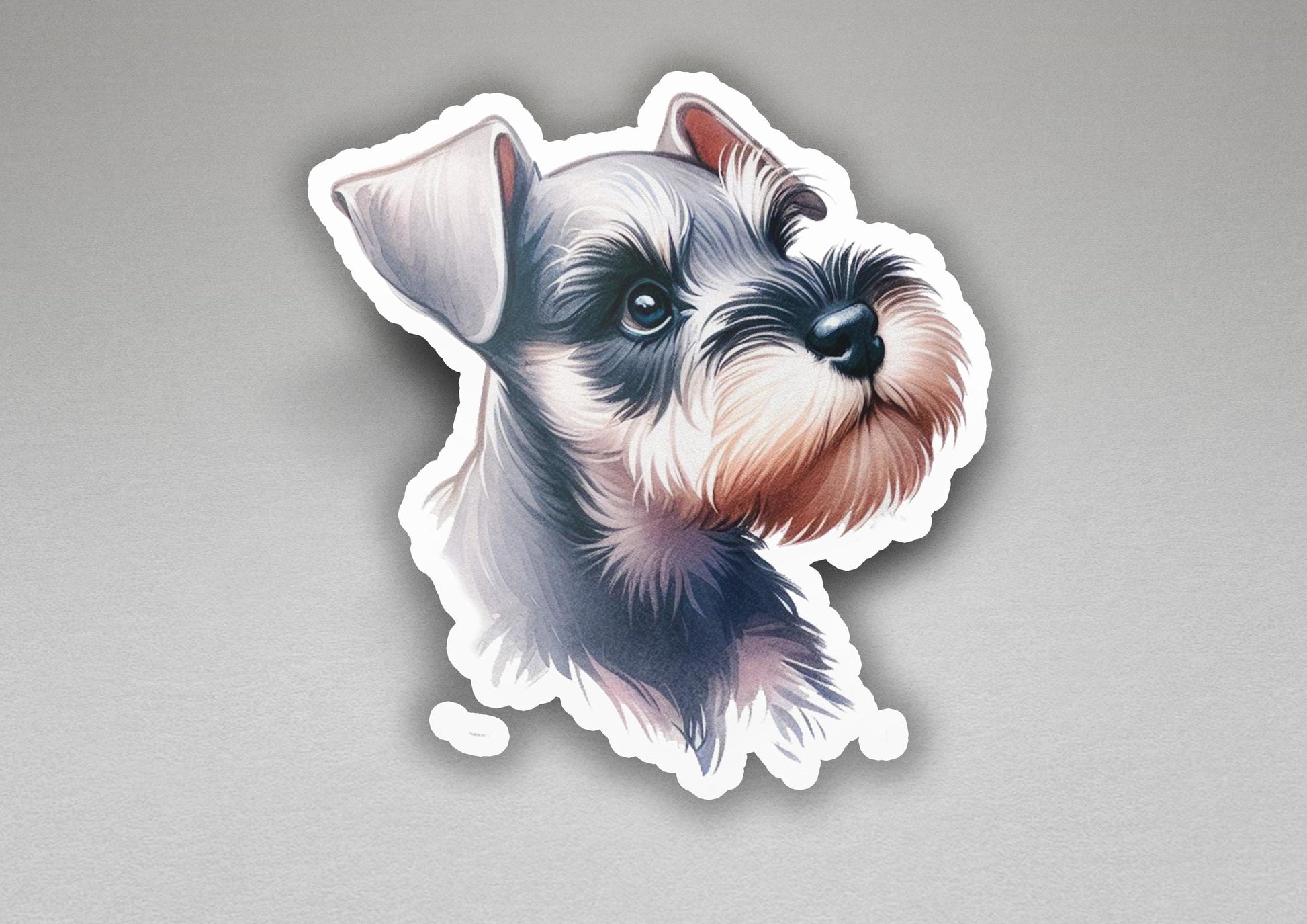 a sticker of a small dog with a sad look on its face