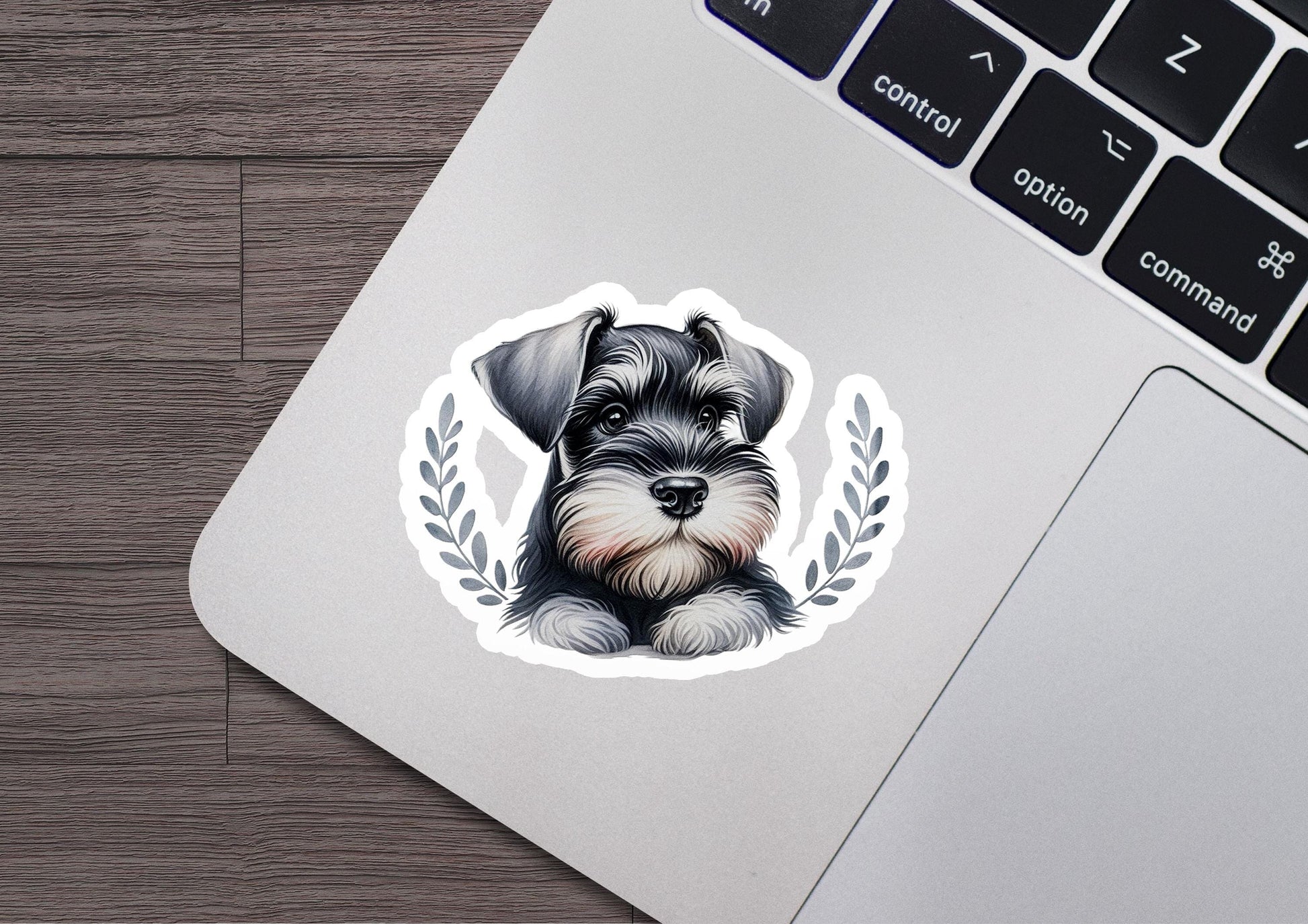 a sticker of a dog with a laurel around it
