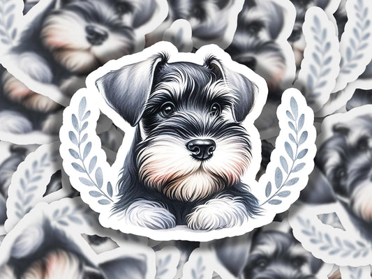 a sticker of a dog with a laurel around it