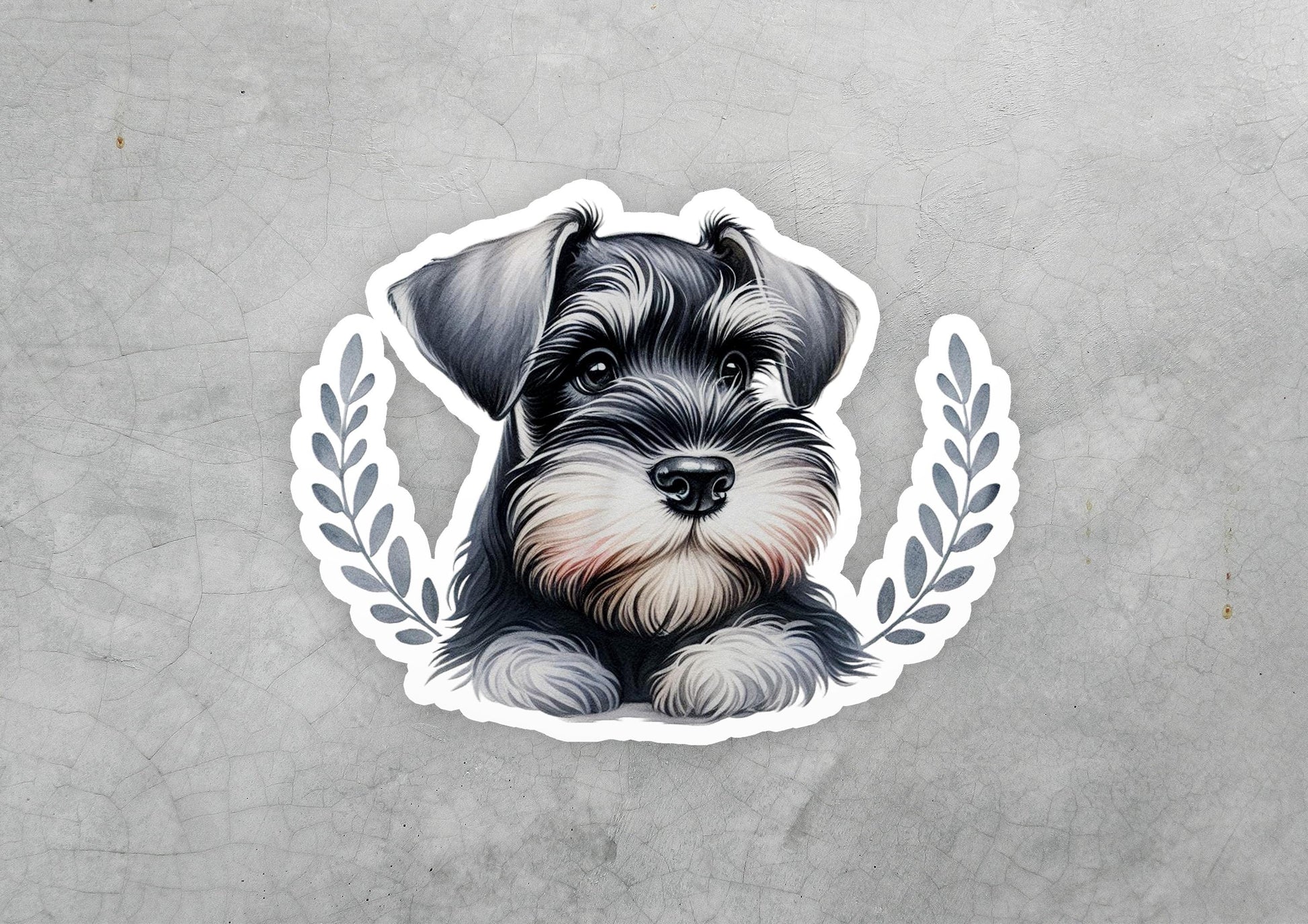 a sticker of a dog with a laurel around it