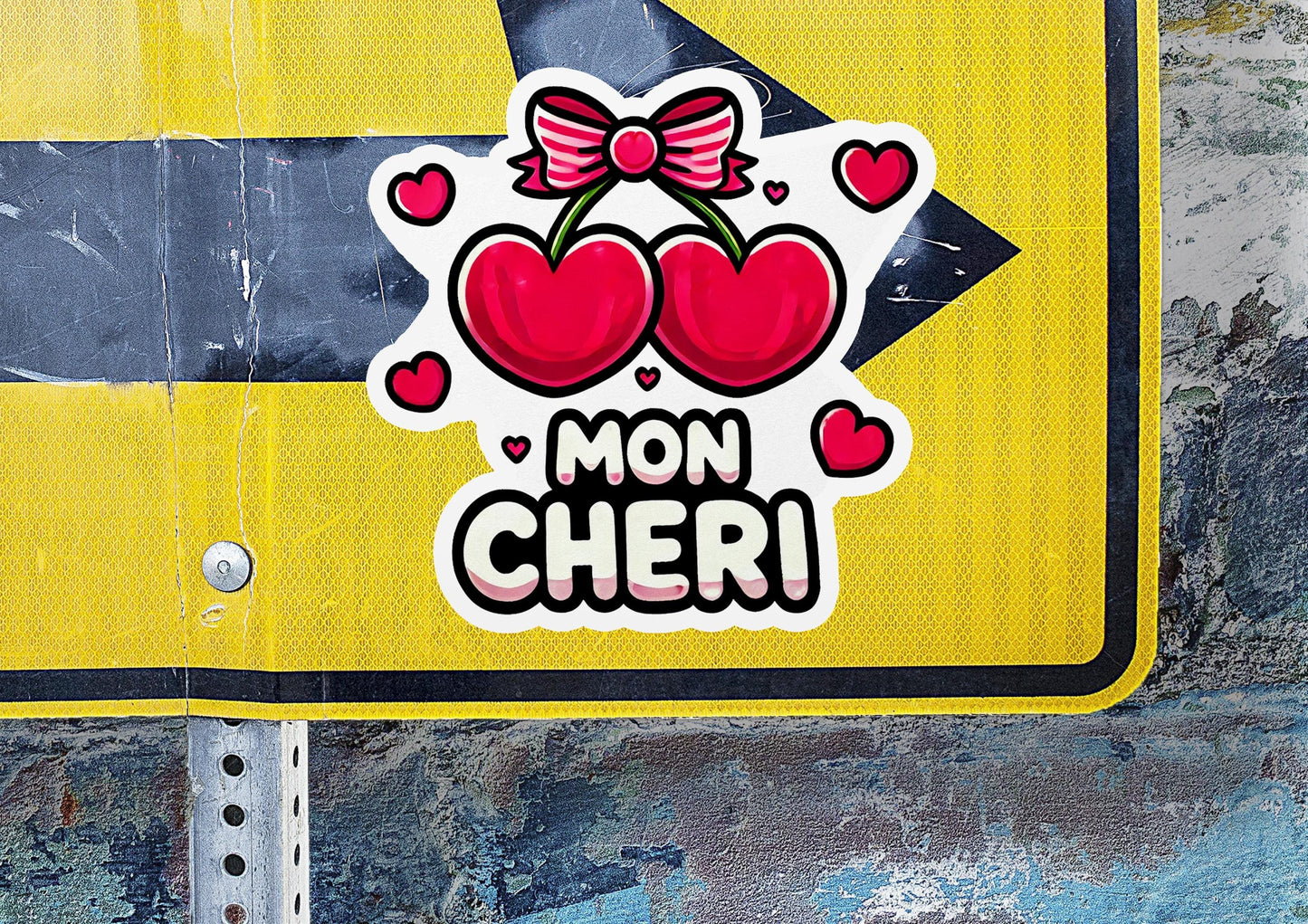 a yellow street sign with hearts and a bow on it
