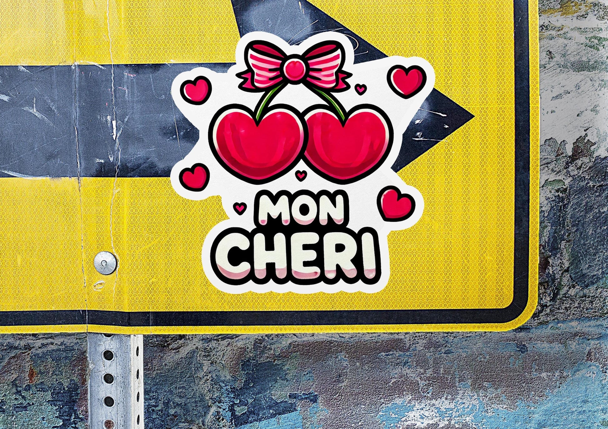 a yellow street sign with hearts and a bow on it