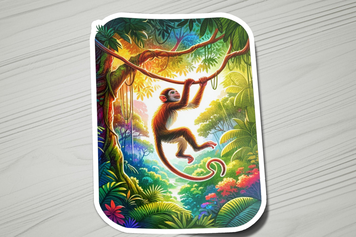 a sticker of a monkey hanging from a tree