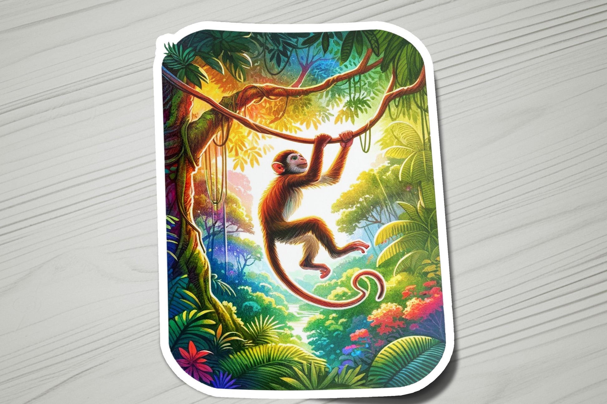 a sticker of a monkey hanging from a tree