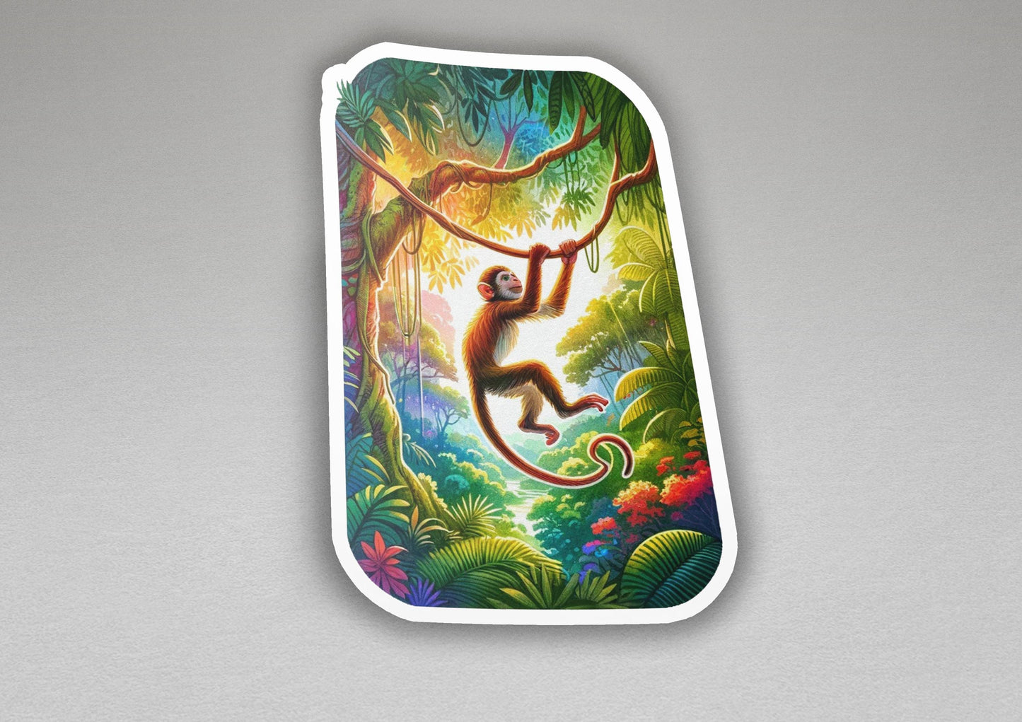 a sticker of a monkey hanging from a tree