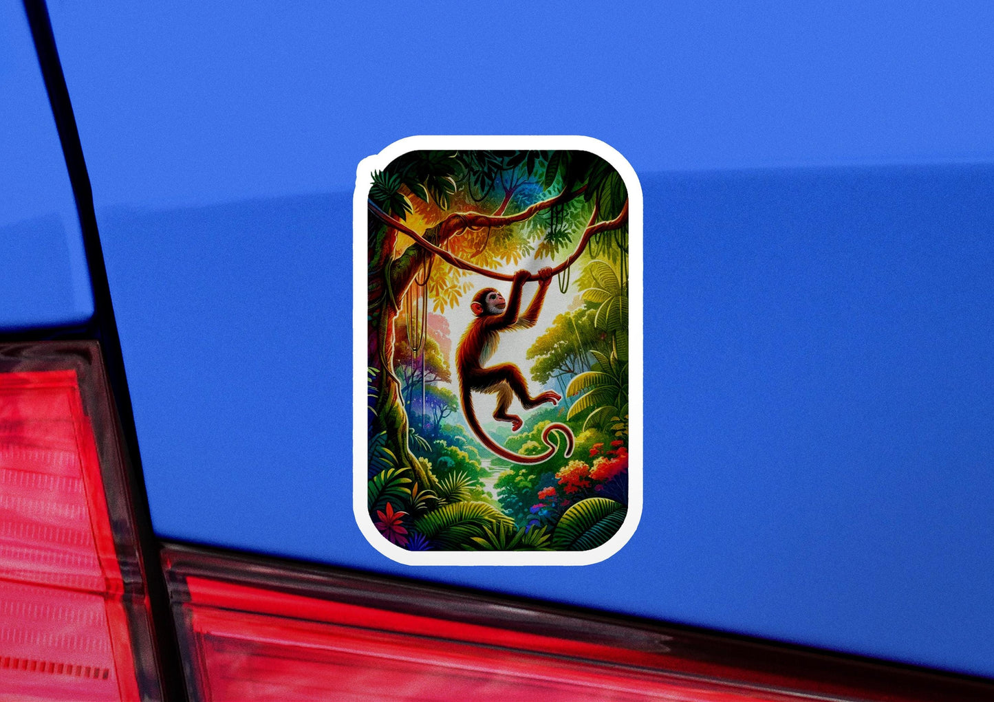 a sticker of a monkey on the back of a car