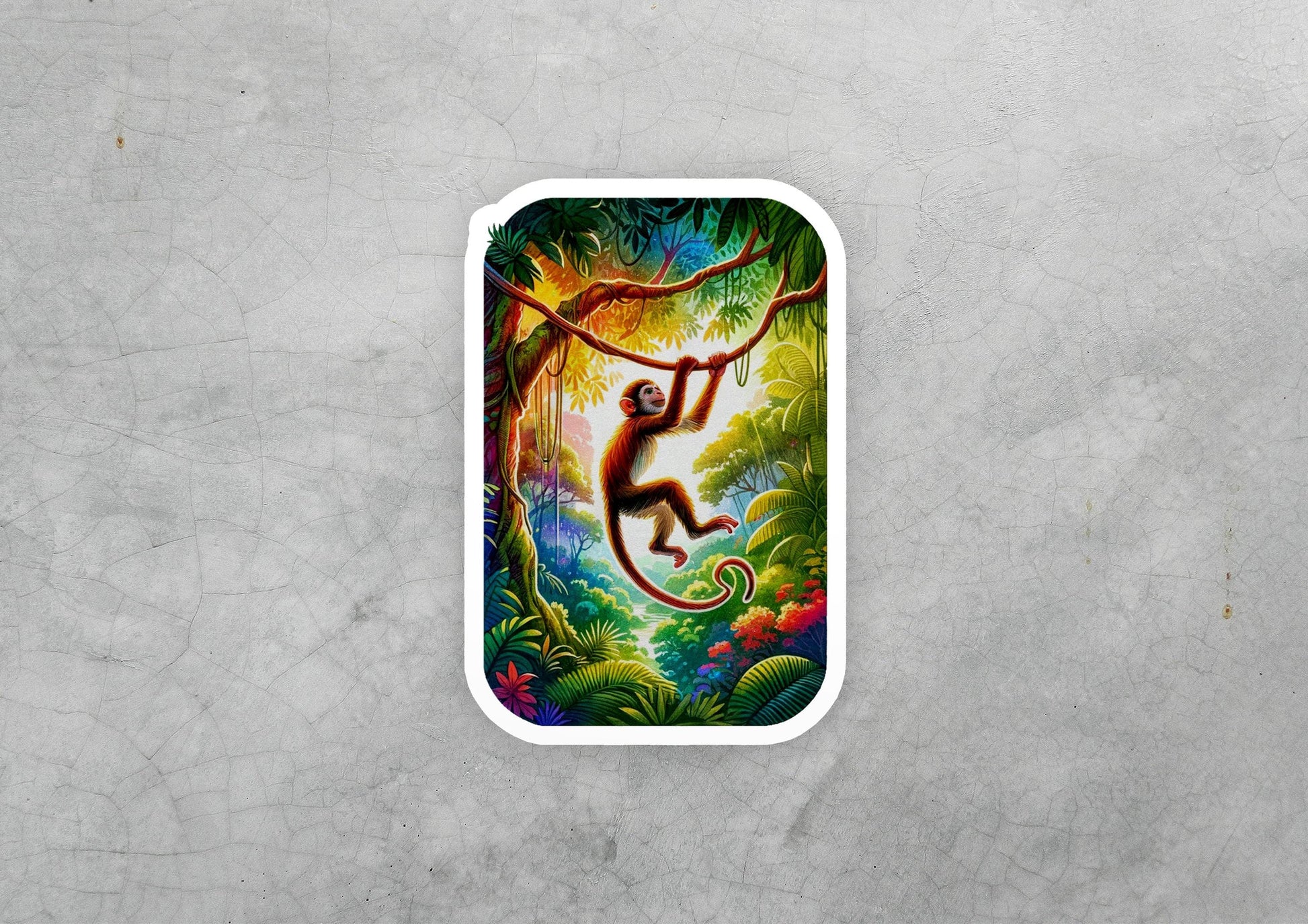 a sticker of a monkey hanging from a tree