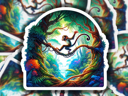 a sticker of a monkey sitting on a tree branch