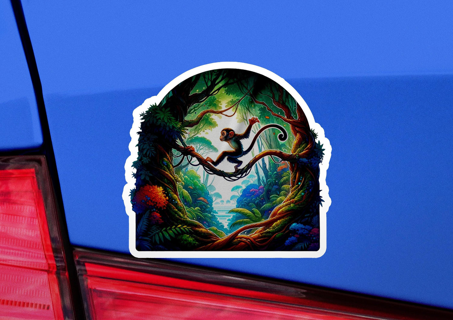 a car with a sticker of a monkey in the forest
