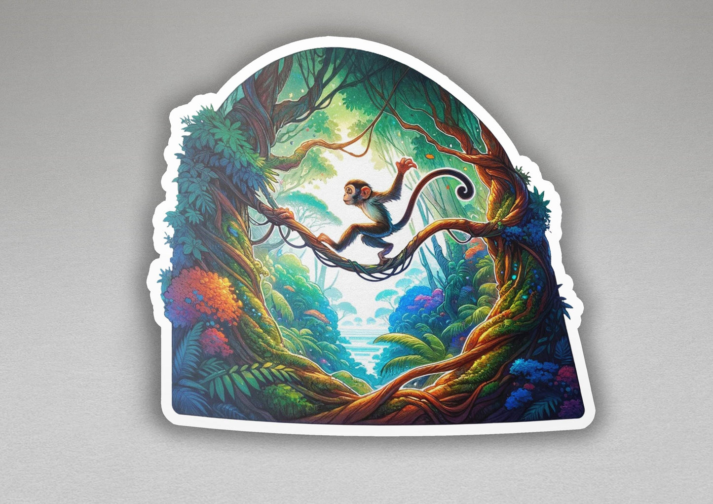 a sticker of a monkey swinging from a tree