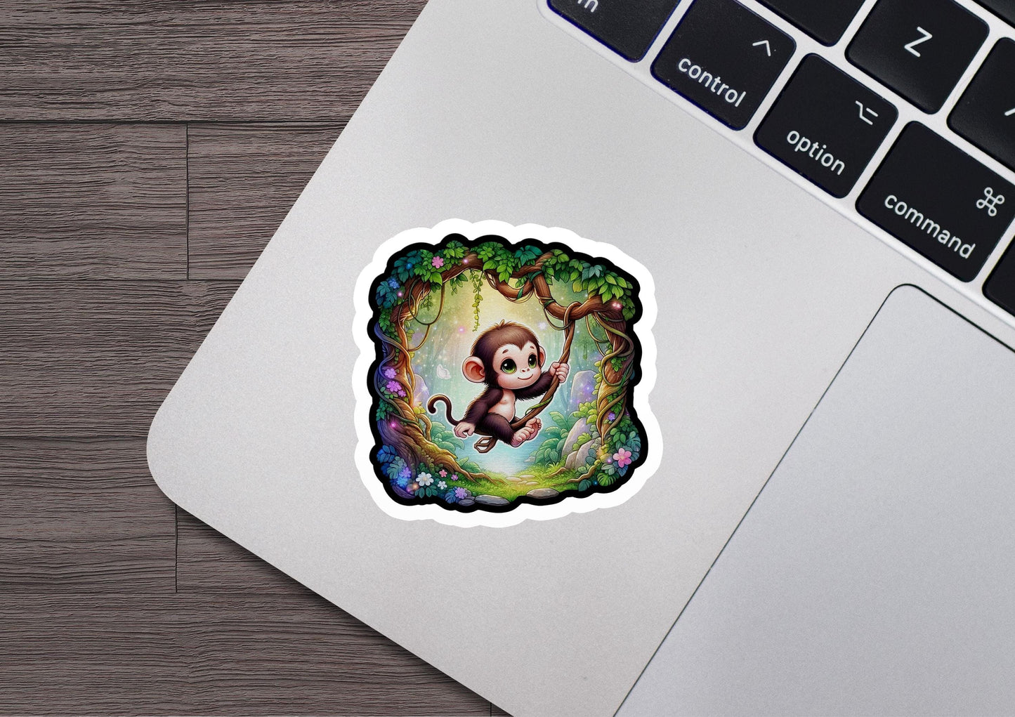 a sticker of a monkey hanging from a tree