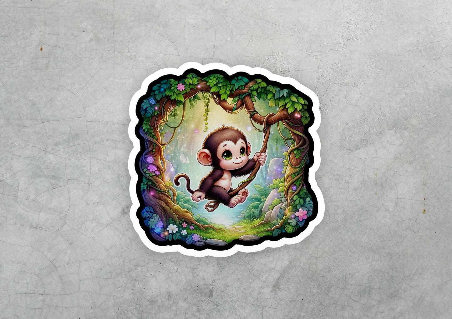 a sticker of a monkey hanging from a tree