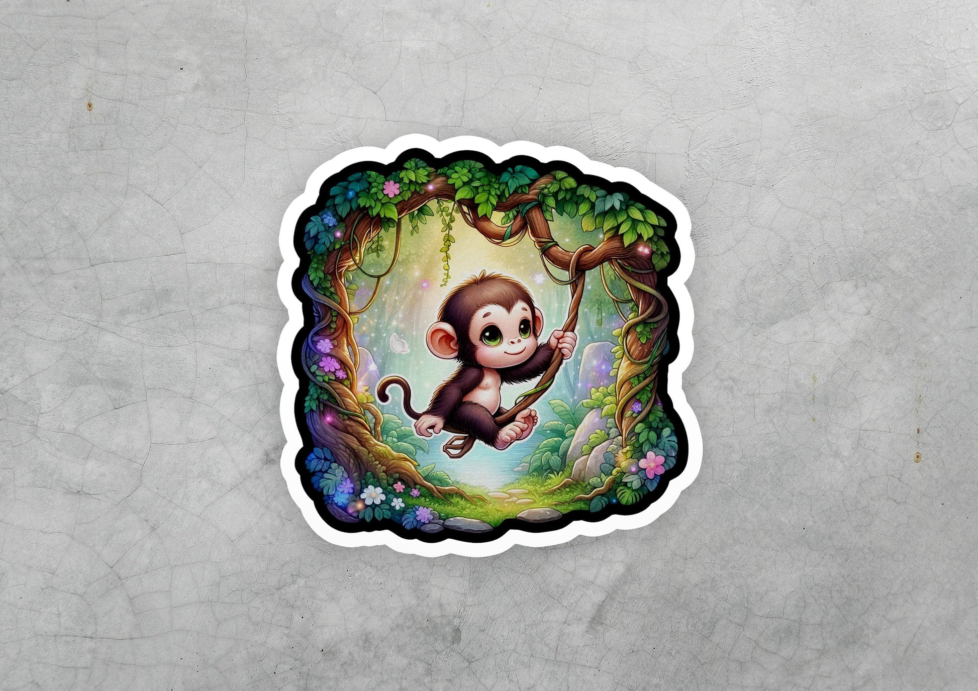 a sticker of a monkey hanging from a tree
