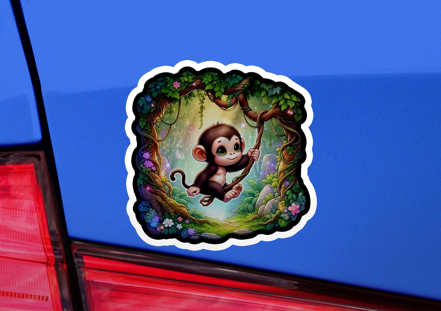 a sticker of a monkey hanging from the side of a car
