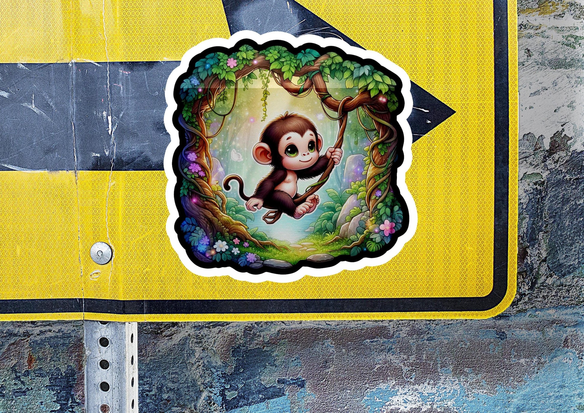 a sticker of a monkey hanging from a tree