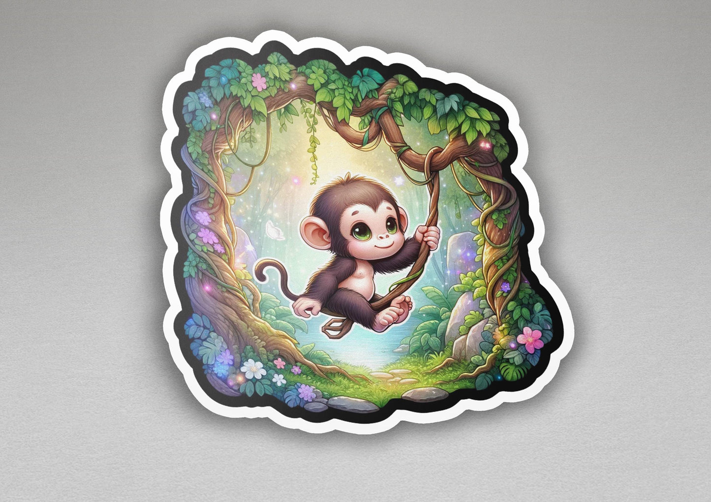 a sticker of a monkey hanging from a tree