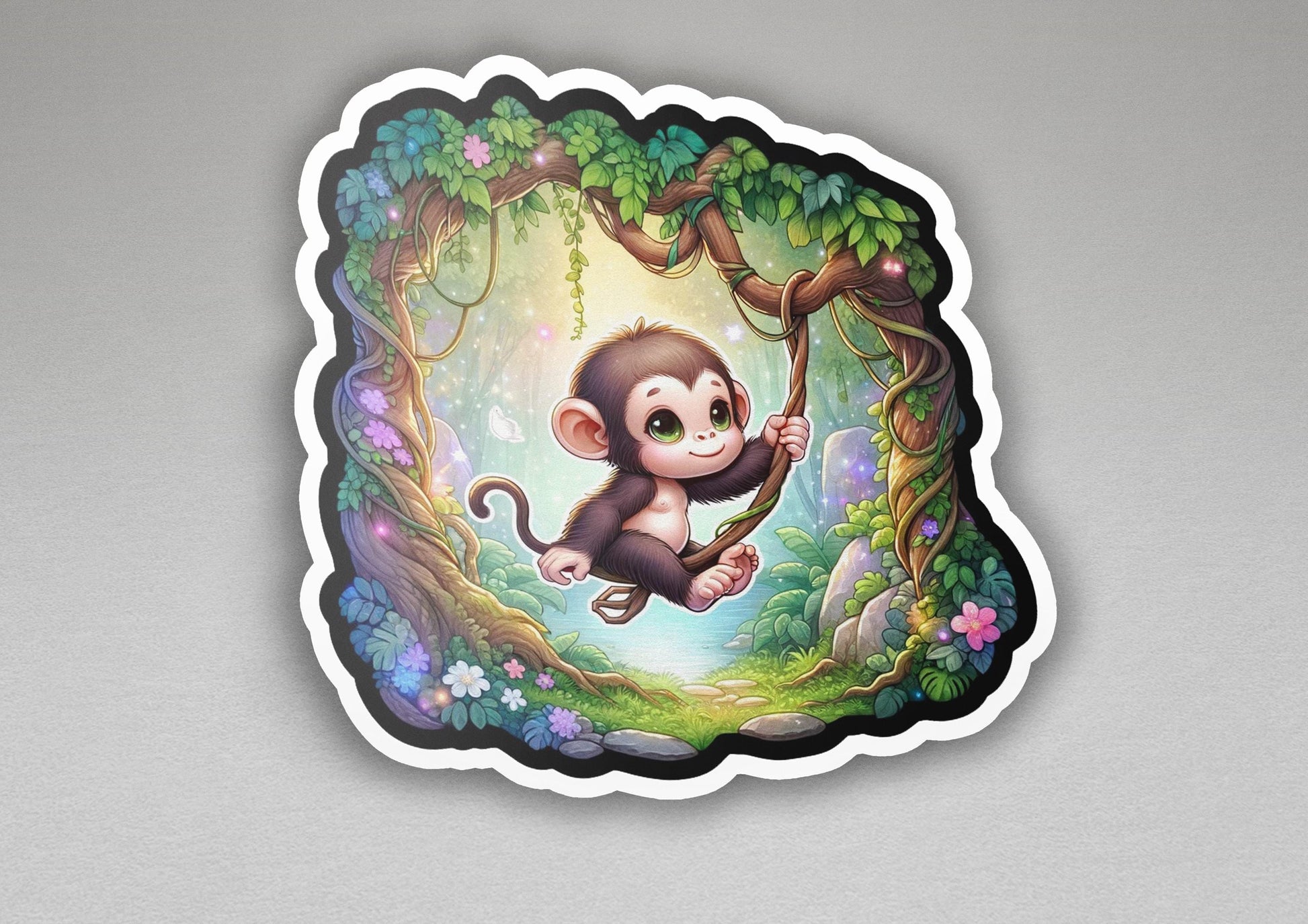 a sticker of a monkey hanging from a tree