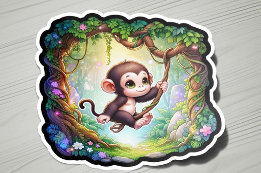 a sticker of a monkey hanging from a tree