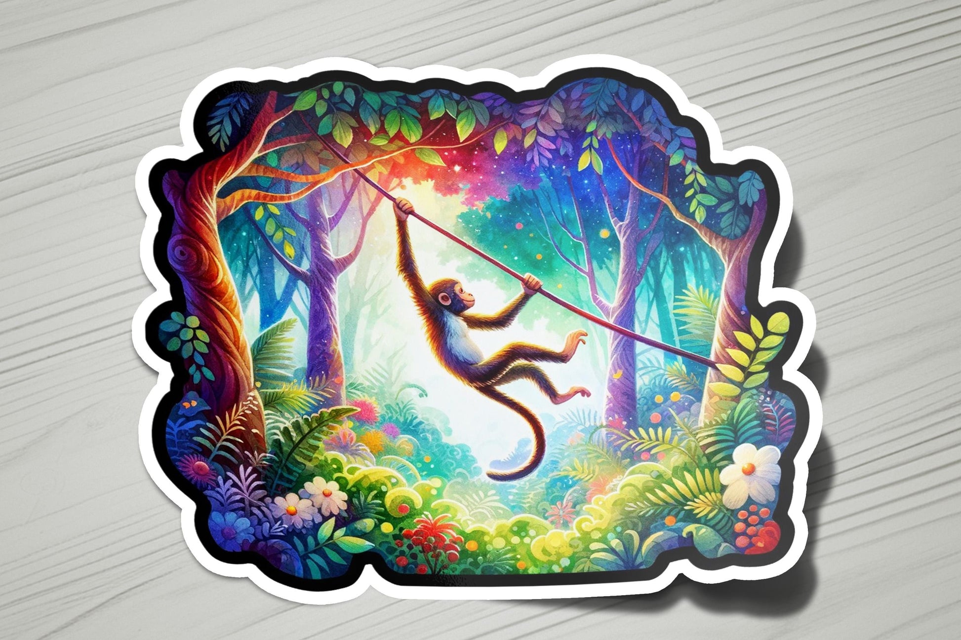 a sticker of a monkey swinging on a rope