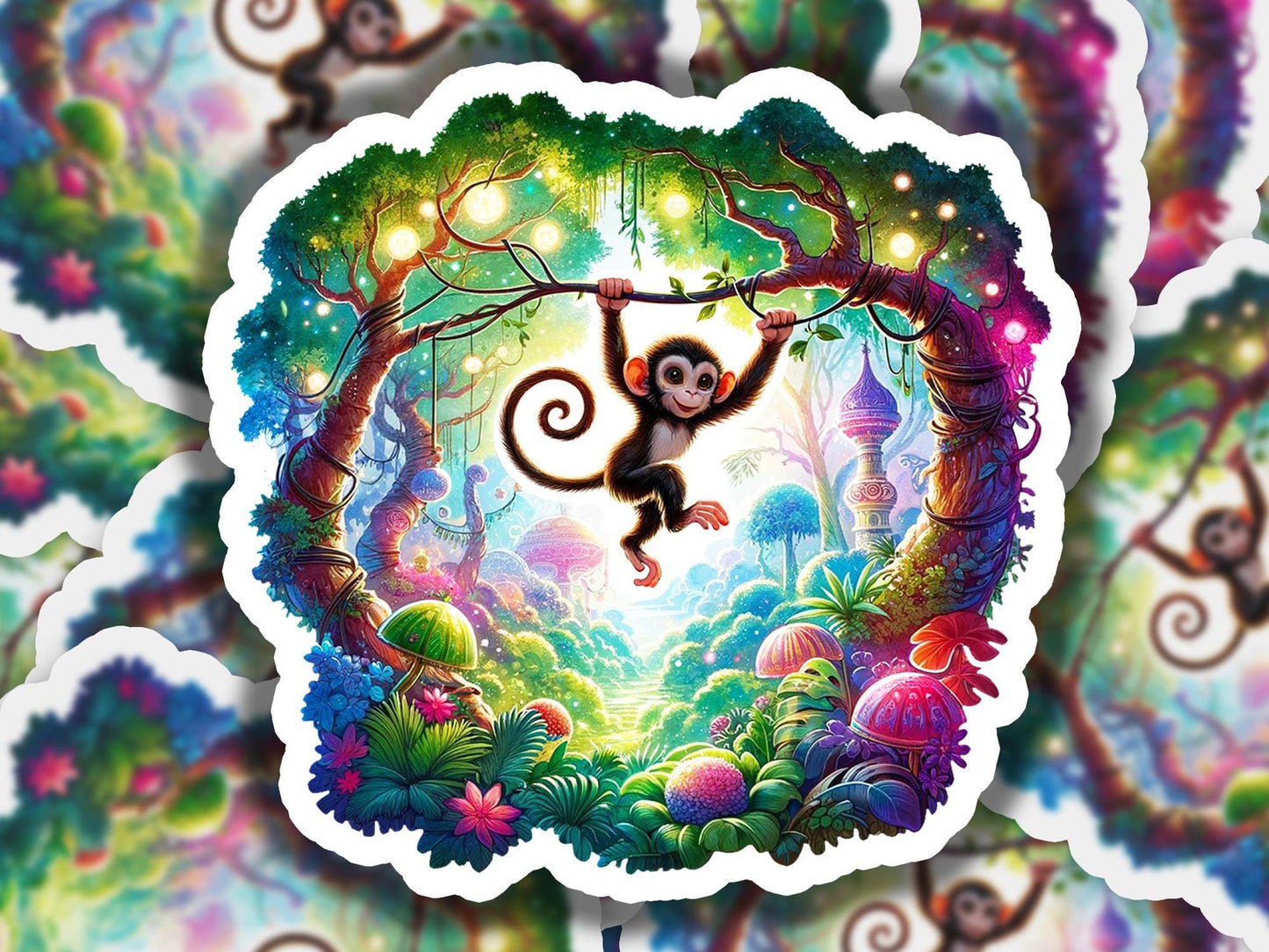 a sticker of a monkey hanging from a tree