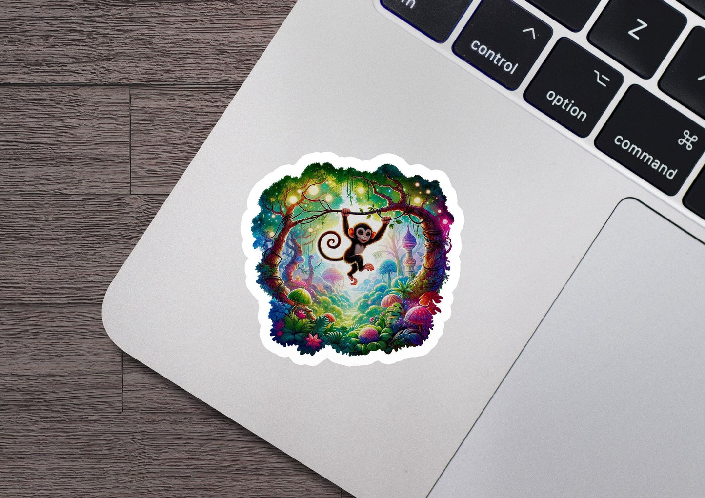 a sticker of a monkey hanging from a tree