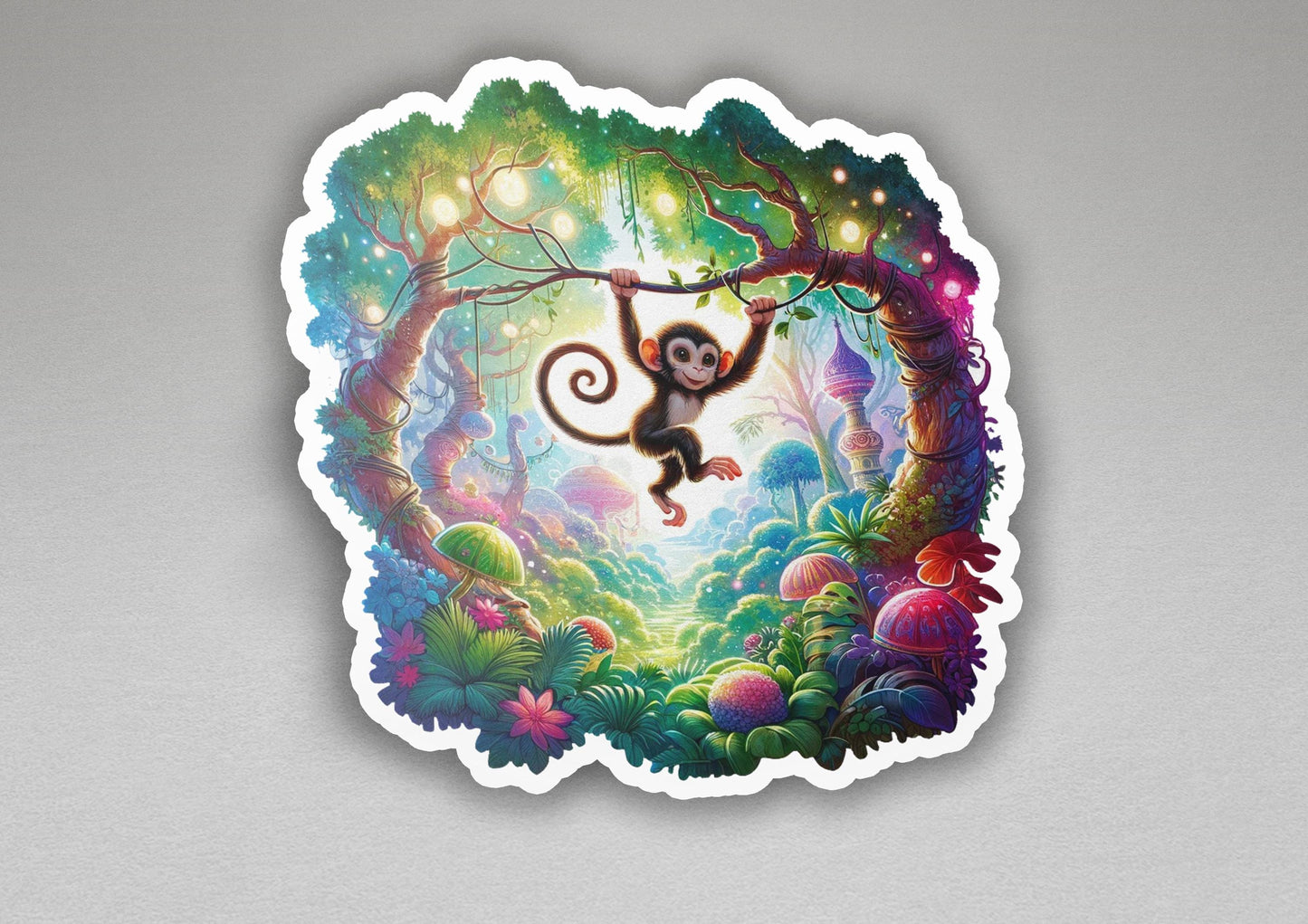 a sticker of a monkey hanging from a tree