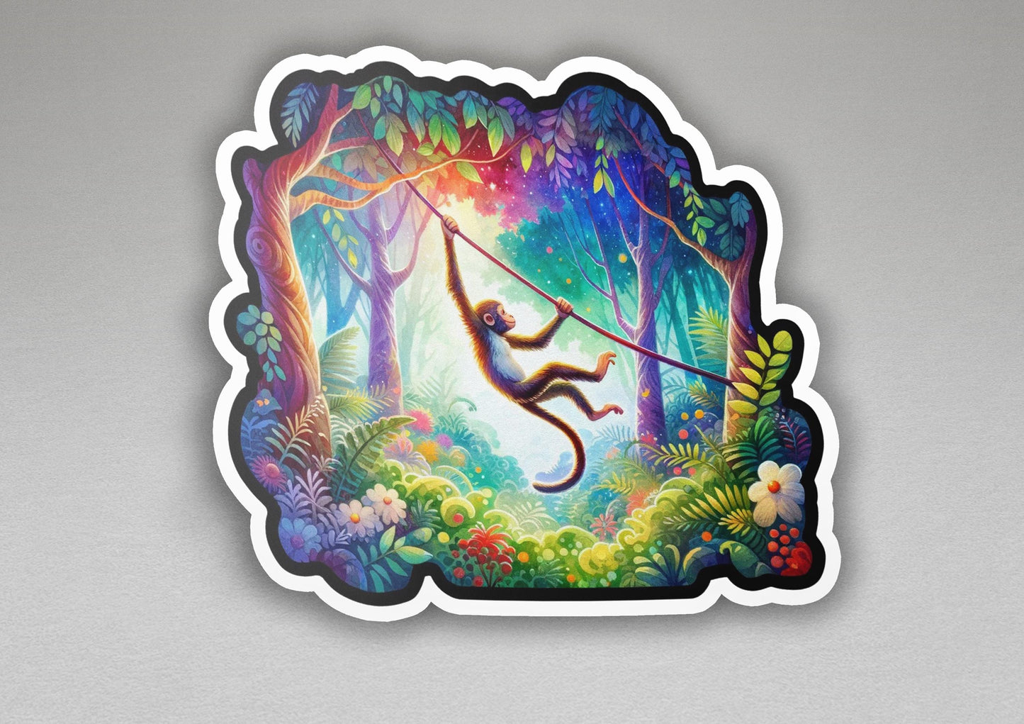 a sticker of a monkey swinging on a tree