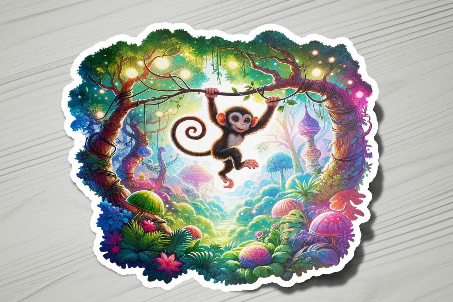 a sticker of a monkey hanging from a tree