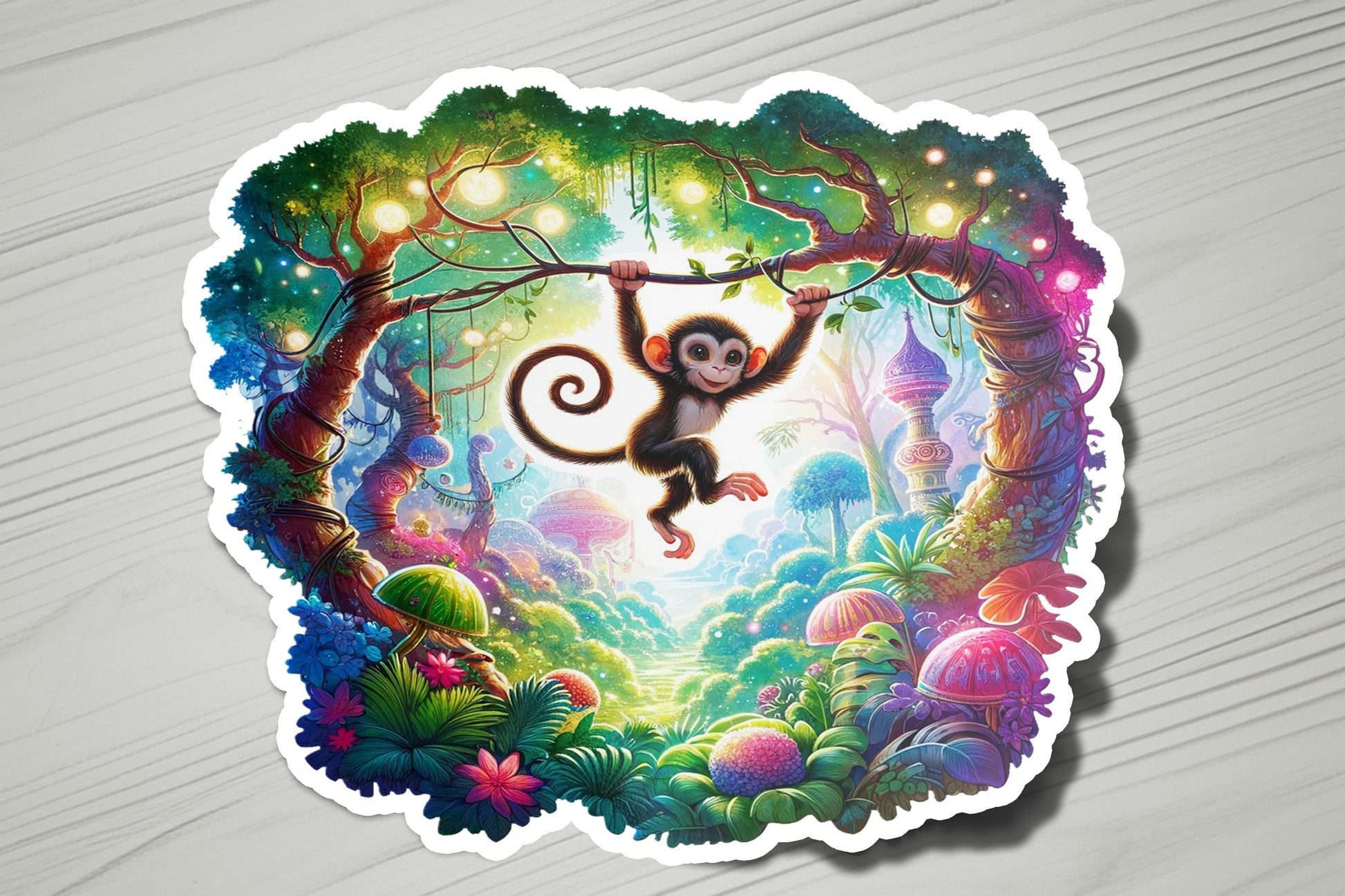 a sticker of a monkey hanging from a tree