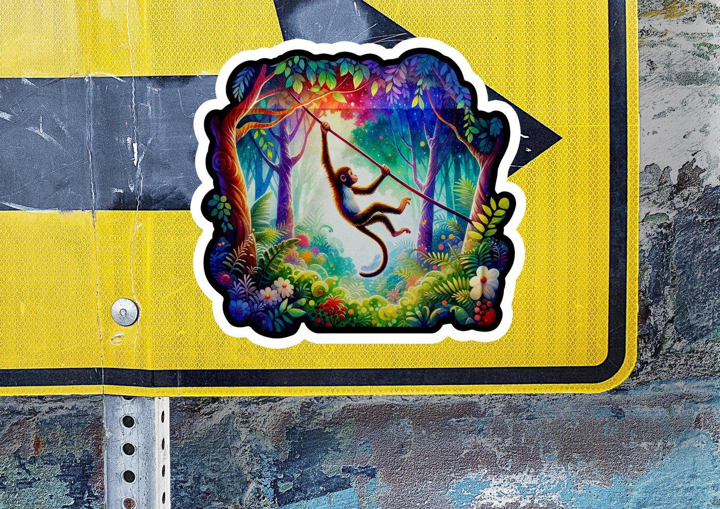 a sticker of a monkey swinging on a tree