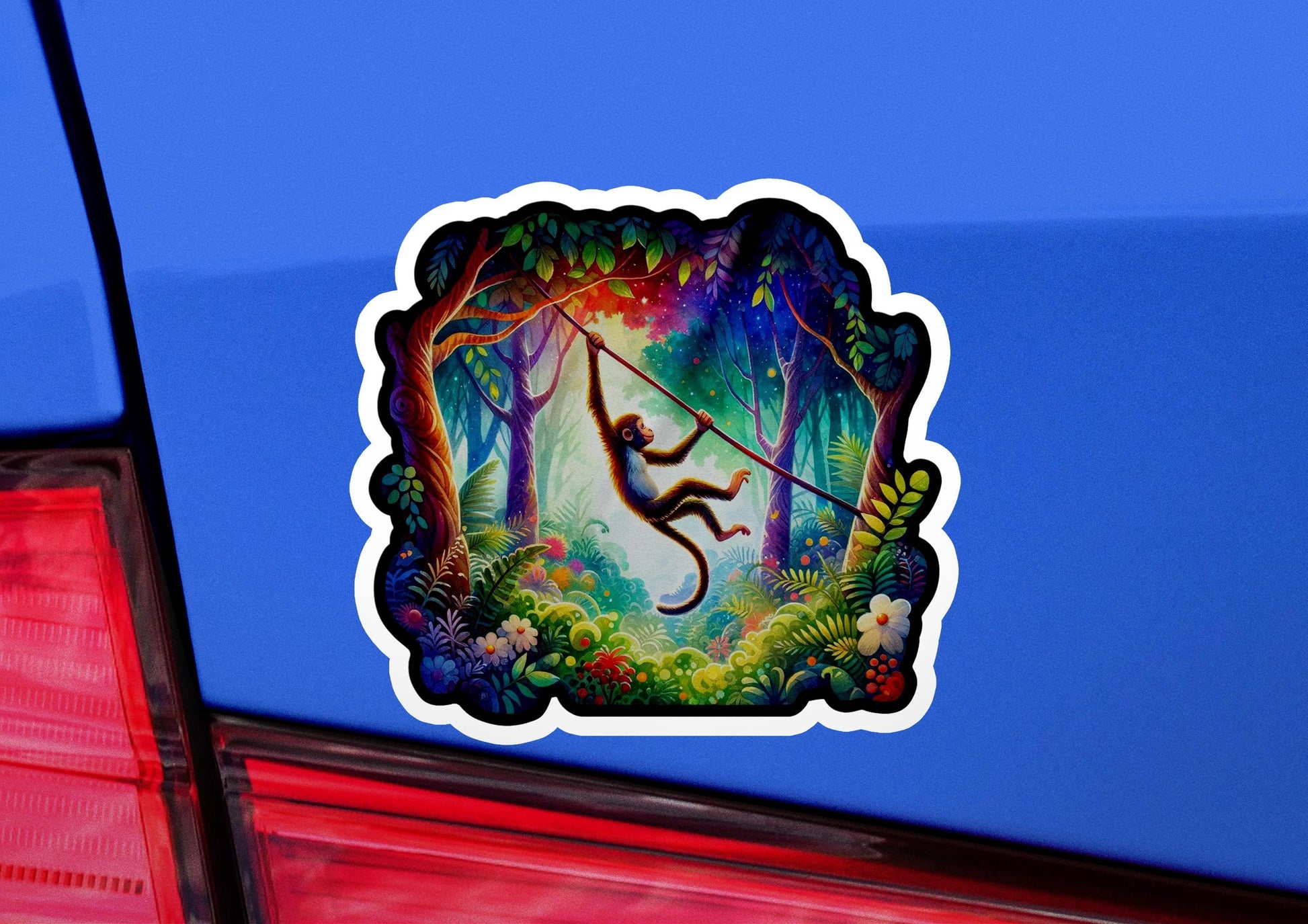 a sticker of a monkey swinging on a tree