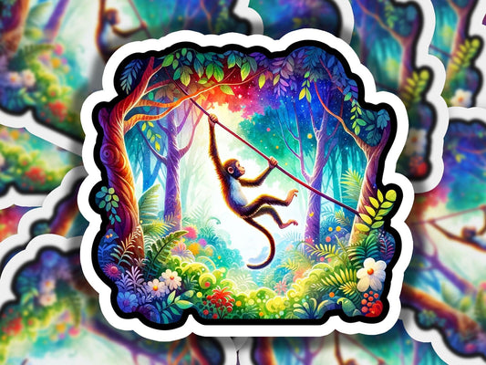 a sticker of a monkey swinging on a tree