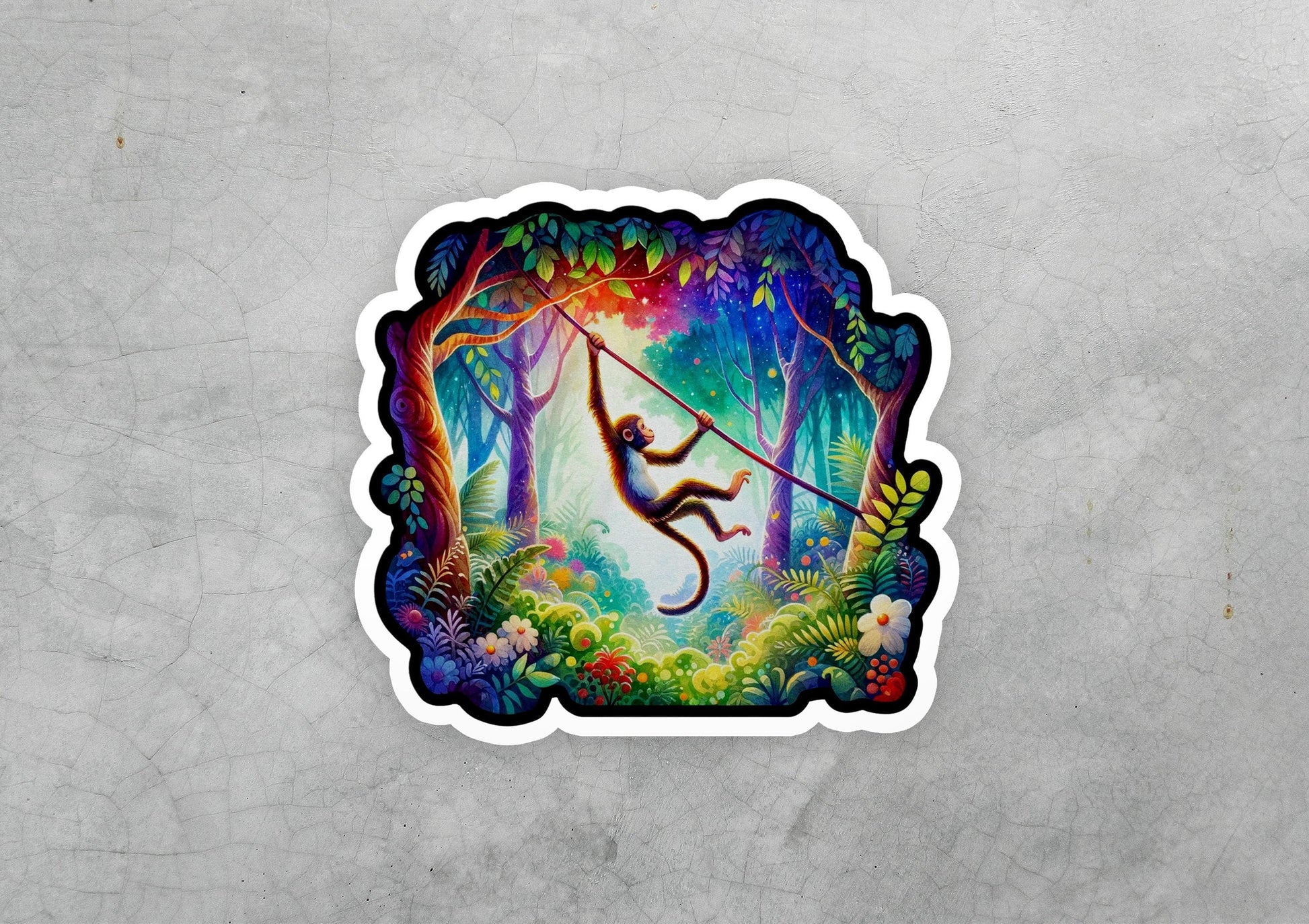 a sticker of a monkey swinging on a rope