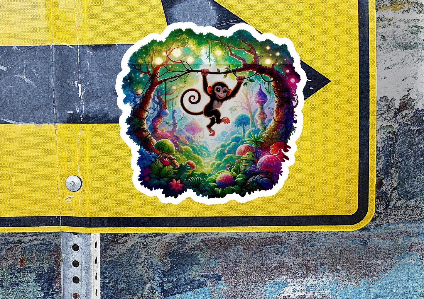 a sticker of a monkey hanging from a tree