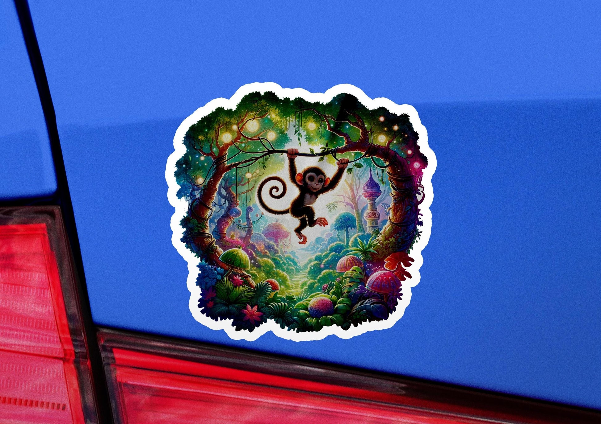a sticker of a monkey hanging from the side of a car